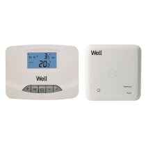 Sobni termostat LCD brezžični WELL , program (5+1+1), obm.: 5-30°C ( 0,5°C), IP30, I=10A, bela barva