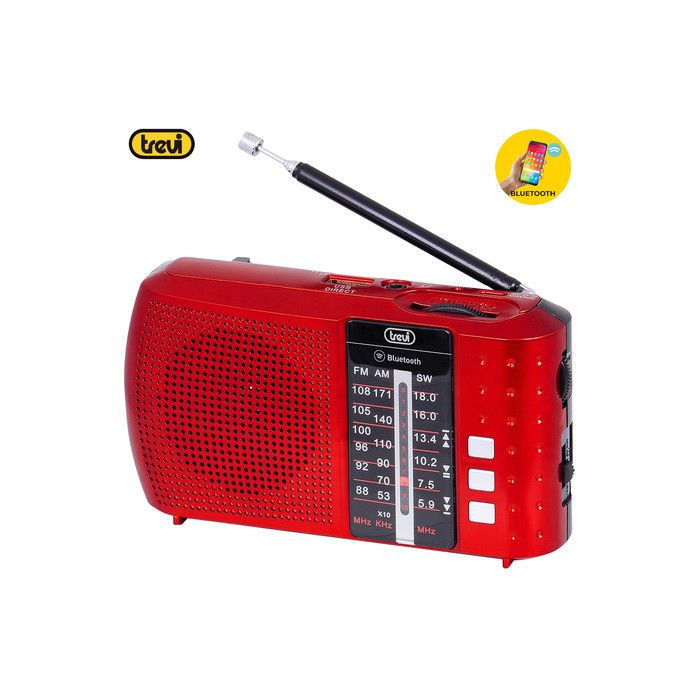 TREVI RA 7F20 Prenosni Radio FM/AW/SW, Bluetooth, MP3, USB/MicroSD, polnilna baterija, rdeč