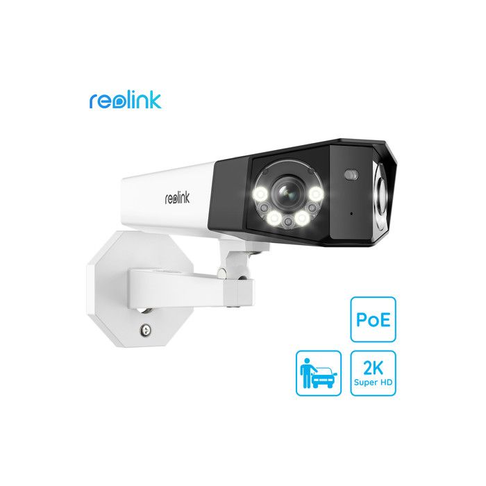 Kamera Reolink Duo PoE, dva objektiva, 2K Super HD, PoE, 150° snemalni kot, IR nočno snemanje, LED reflektorji, aplikacija, IP66 vodoodpornost, dvosmerna komunikacija, bela