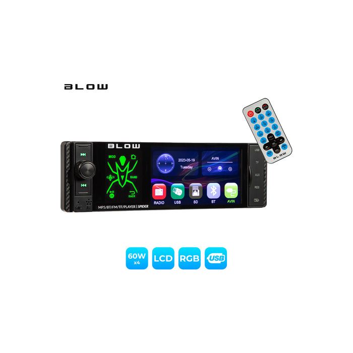 BLOW SPIDER avto radio, RDS, FM Radio, Bluetooth, 4x60W, zaslon na dotik, MirrorLink, RGB LED, telefoniranje, MP3 / USB / microSD / AUX, daljinski upravljalnik, 1-DIN