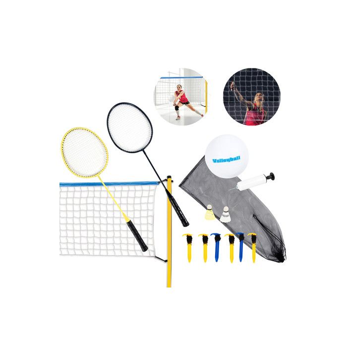 Set za odbojko in badminton - mreža, 2 loparja + 2 žogice, žoga, tlačilka, vrečka
