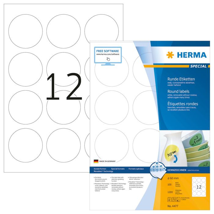 Herma etikete Superprint Removables, fi 60 mm, 100/1