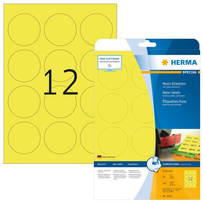 Herma etikete Superprint Special, fi 60 mm, 20/1, neon rumene