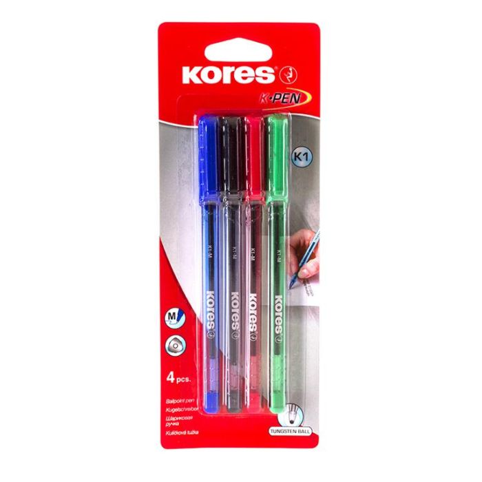 Kores Kemični svinčniki K.Pen, 4 kos črn, moder, rdeč, zelen