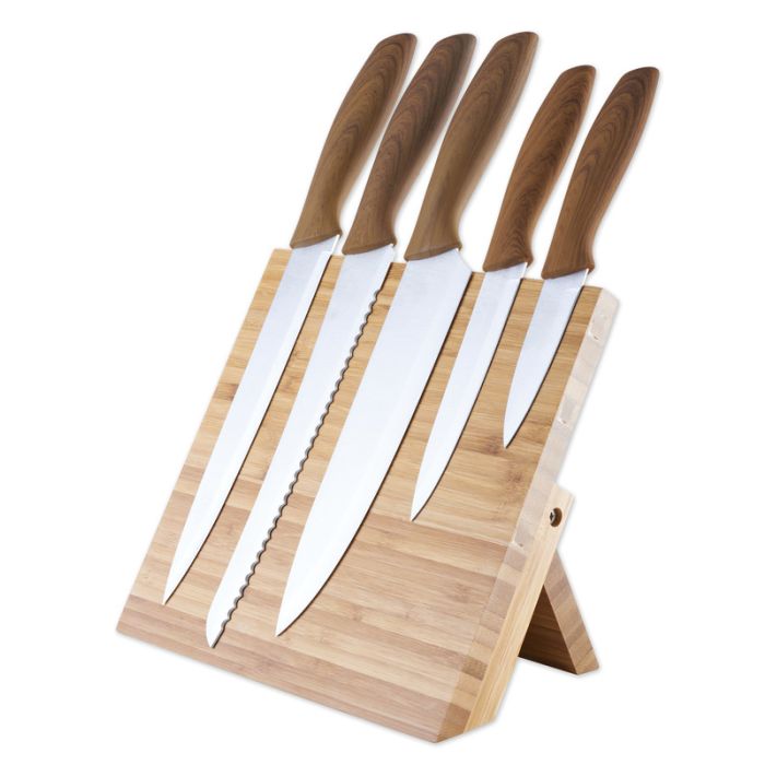 Set vrhunskih kuhinjskih nožev PLATINET, 5kos, leseni ročaj + bambus leseno magnetno stojalo
